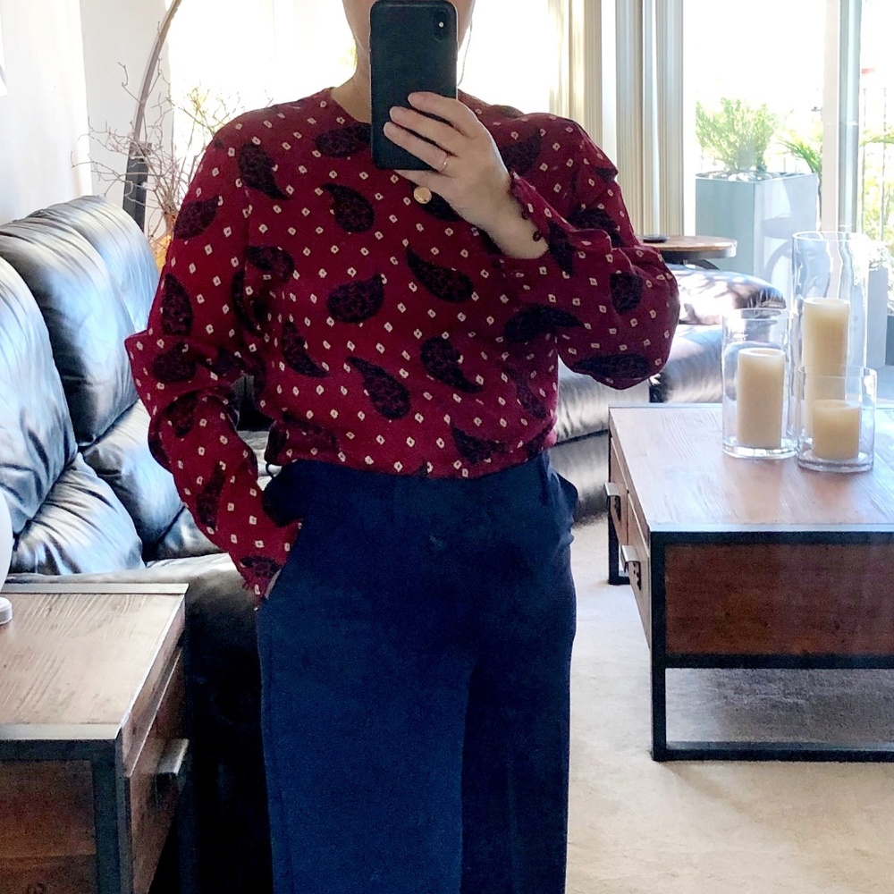 True Vintage 80's Anne Klein jacquard texture 100% silk paisley print Blouse S